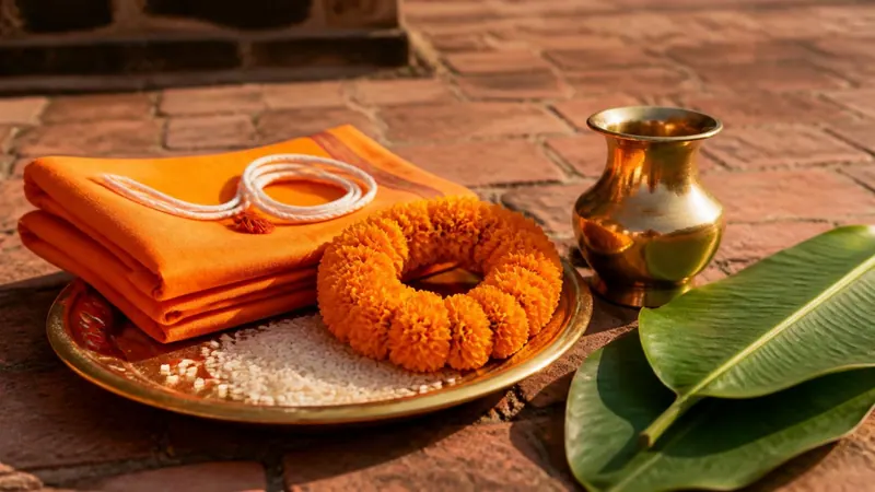 A folded saffron cloth, a brass plate of rice, a marigold garland, a brass water vessel and banana leaves on a brick courtyard