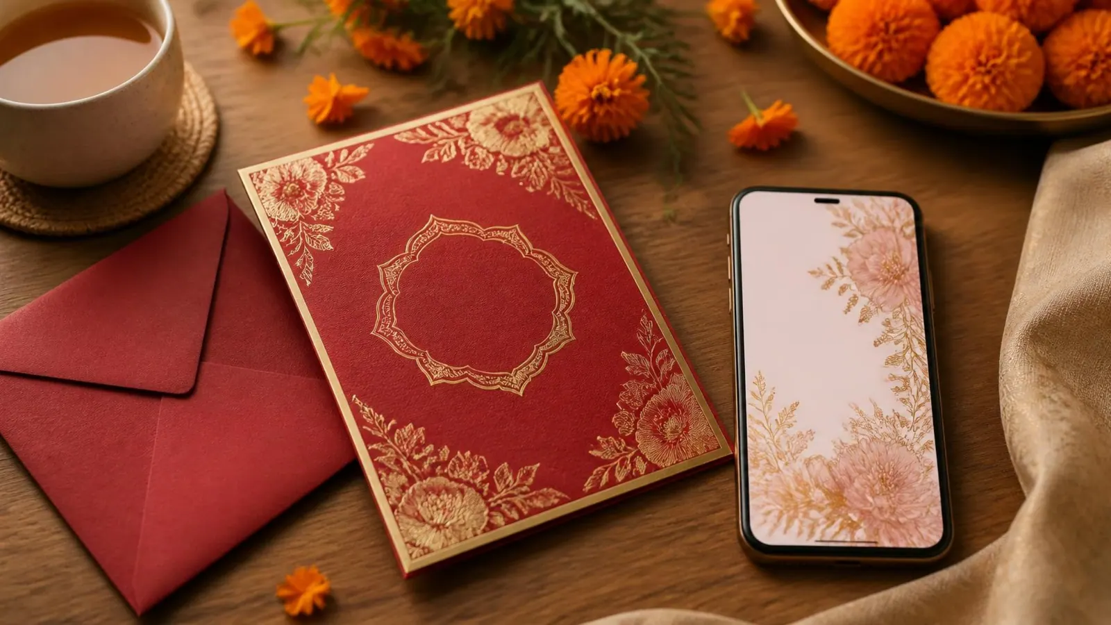 A red and gold printed wedding card and envelope beside a smartphone on a wooden table, with tea and fresh marigolds