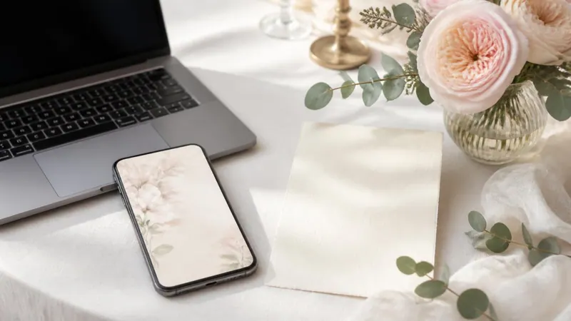 A laptop and a smartphone on a white linen table beside a blank ivory invitation card, blush garden roses and eucalyptus