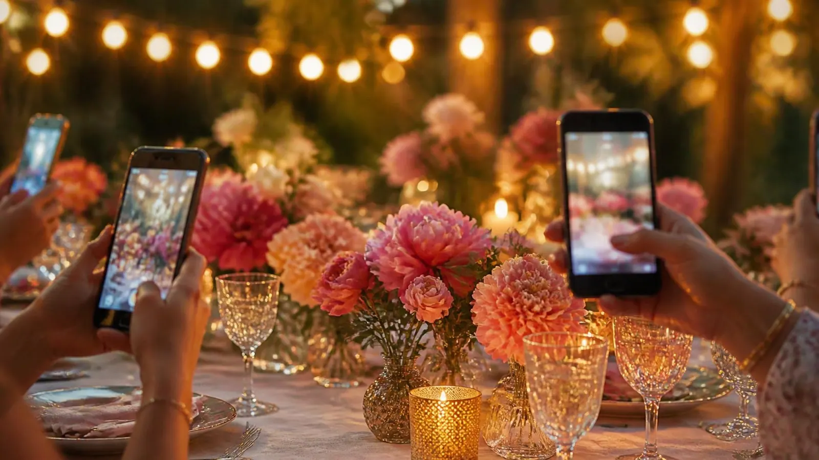 Guests at a candlelit garden party table hold up smartphones among pink and peach flowers under string lights