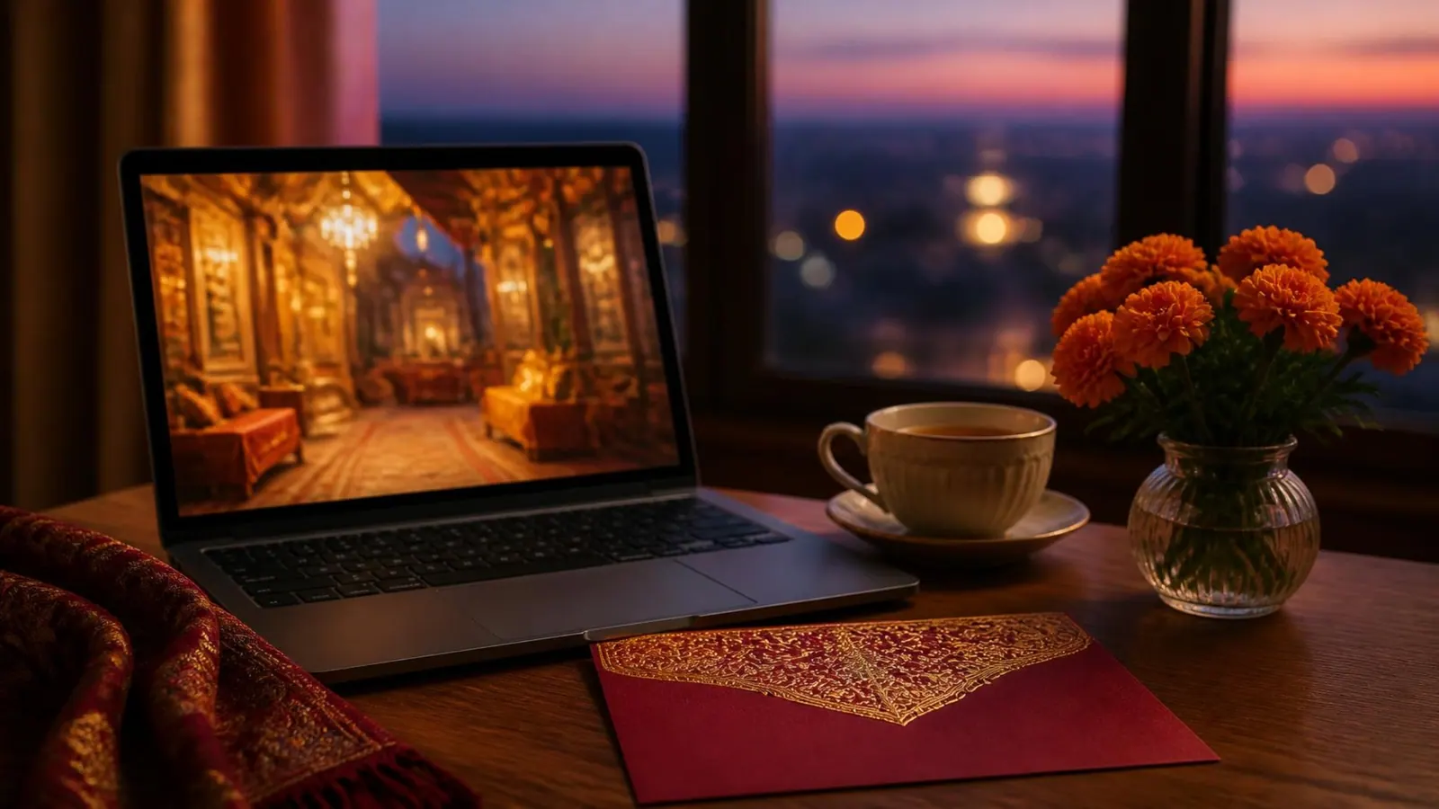 A laptop on a table by a window at dusk beside a red wedding invitation, a cup of tea and a vase of orange marigolds