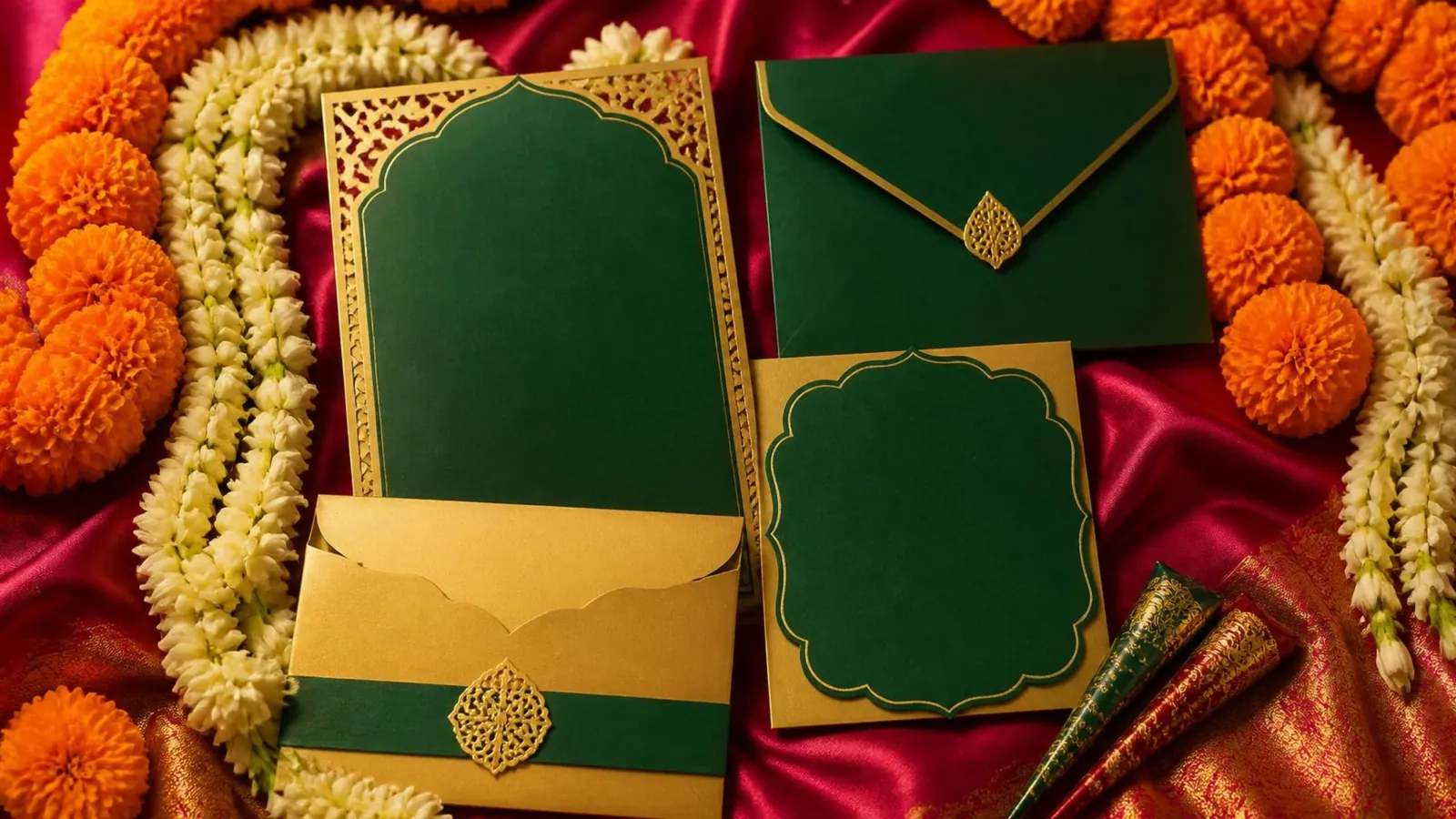 An emerald green and gold invitation suite on magenta silk, framed by fresh marigold garlands, jasmine strings and henna cones