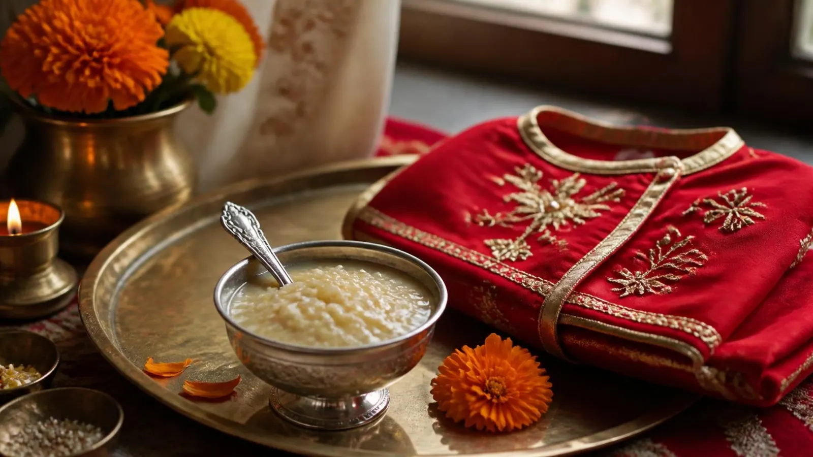 A silver bowl of rice pudding on a brass plate beside a small red and gold embroidered baby outfit and fresh marigolds