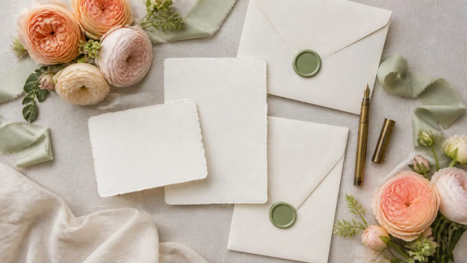 Blank deckled ivory cards and envelopes sealed with sage wax seals, a brass fountain pen and peach and blush garden roses on linen