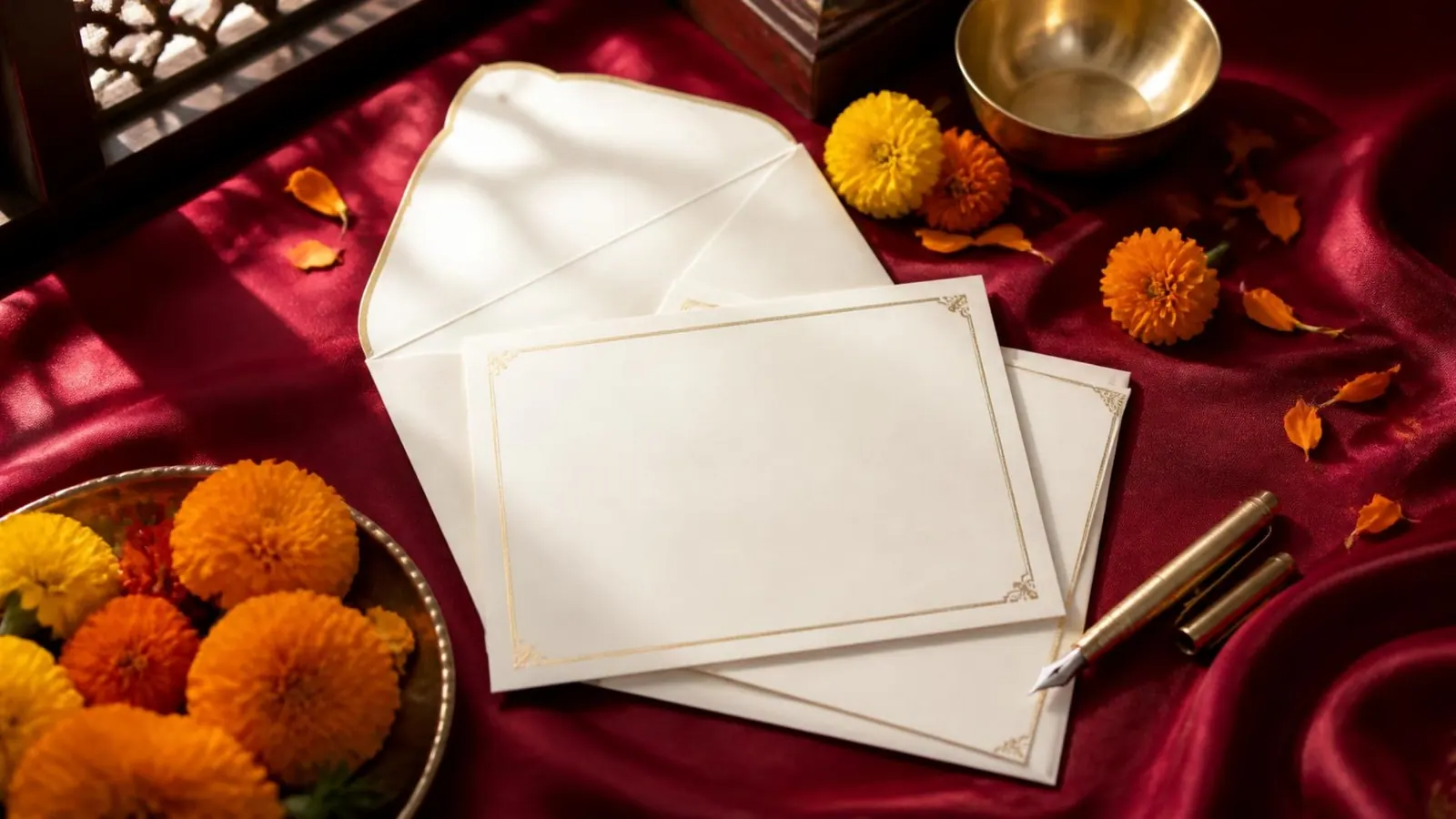 Blank cream wedding cards and envelopes with gold edges on crimson silk, with a gold pen, a brass bowl and fresh marigolds
