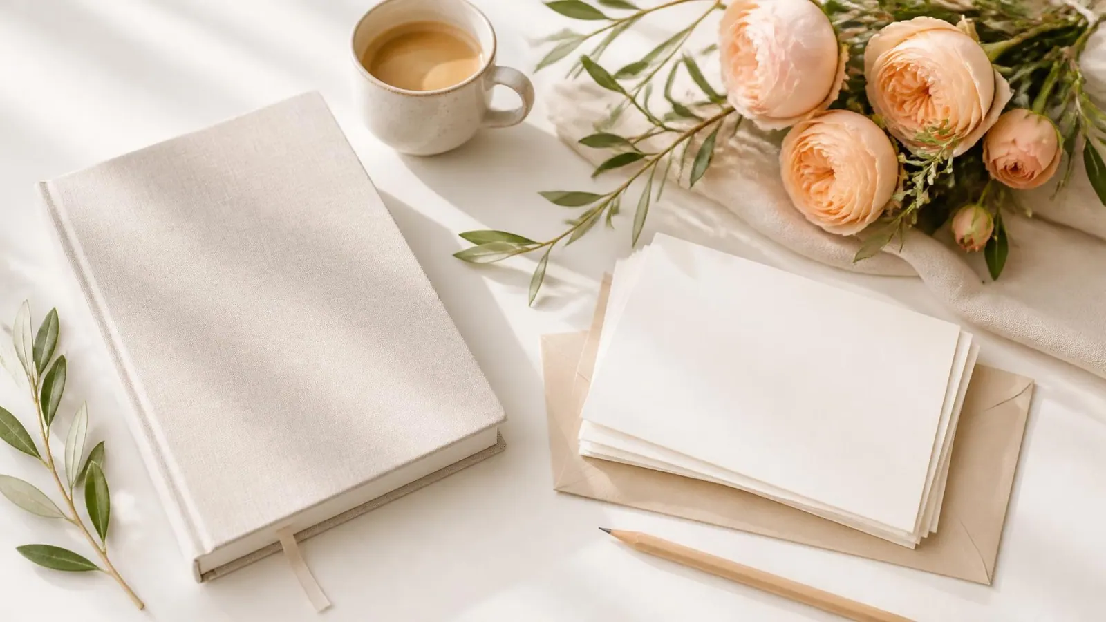 A linen planner, a stack of blank save-the-date cards and envelopes, a pencil, a cup of coffee and peach roses on a white table