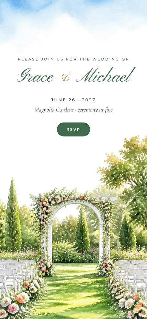 The Garden Party design: a garden ceremony with a rose arbor and white chairs