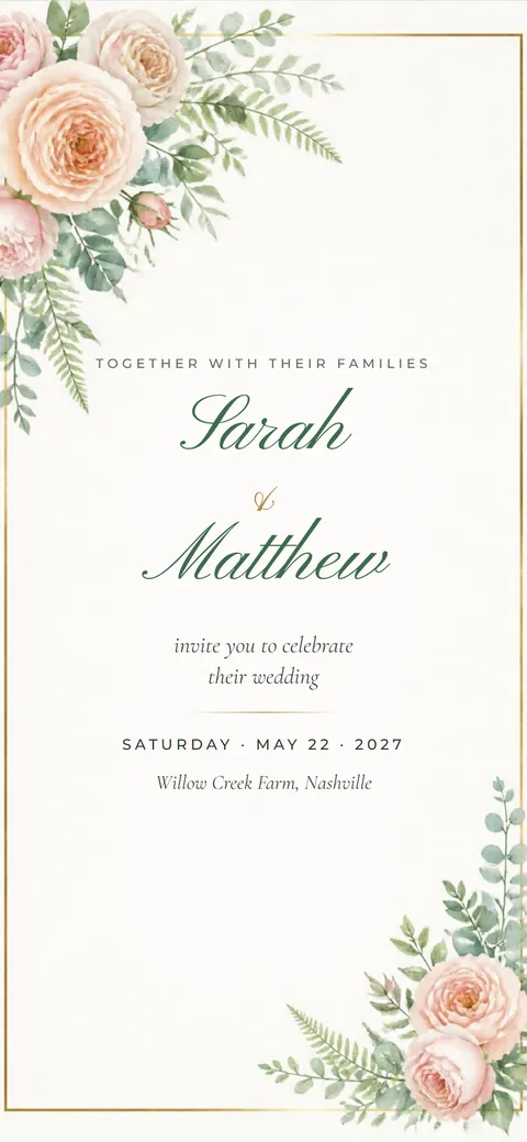 The Blush Roses design: garden roses inside a thin gold frame