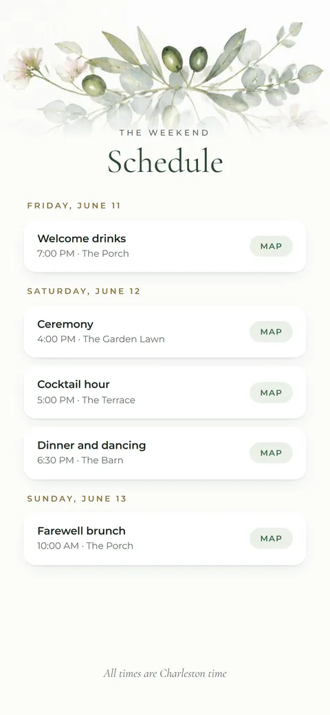 Schedule: Every event of the day or the weekend, with a map for every stop.