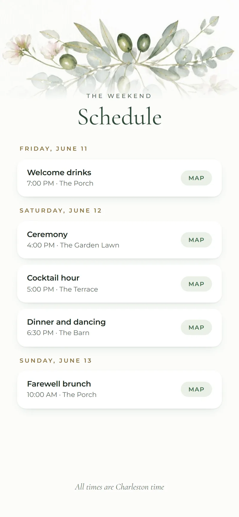 The schedule page of a Nimtto invitation on a phone, with a map for every event