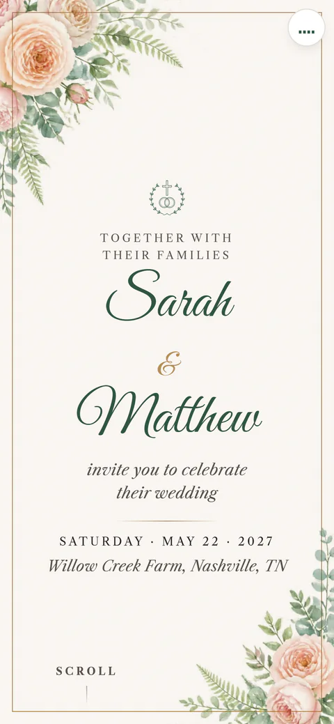The Blush Roses design: blush garden roses in the corners of a thin gold frame