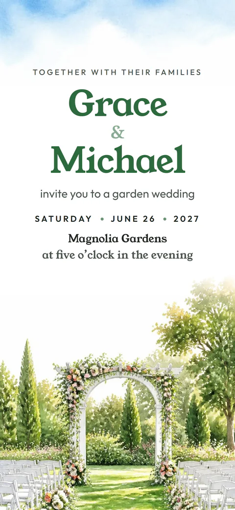 The Garden Party design: a rose arbor and white chairs on a summer lawn