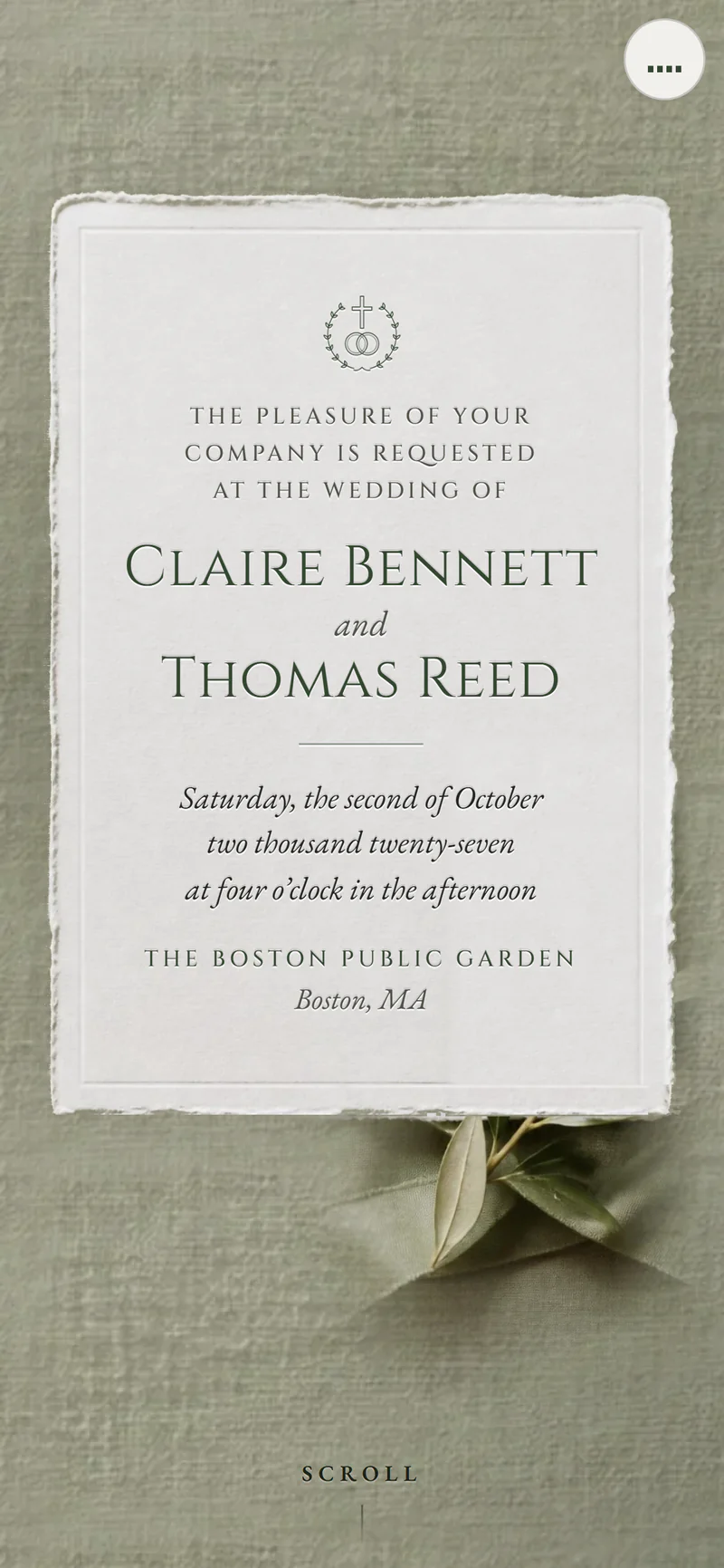 A classic pressed-card style digital wedding invitation shown on a phone