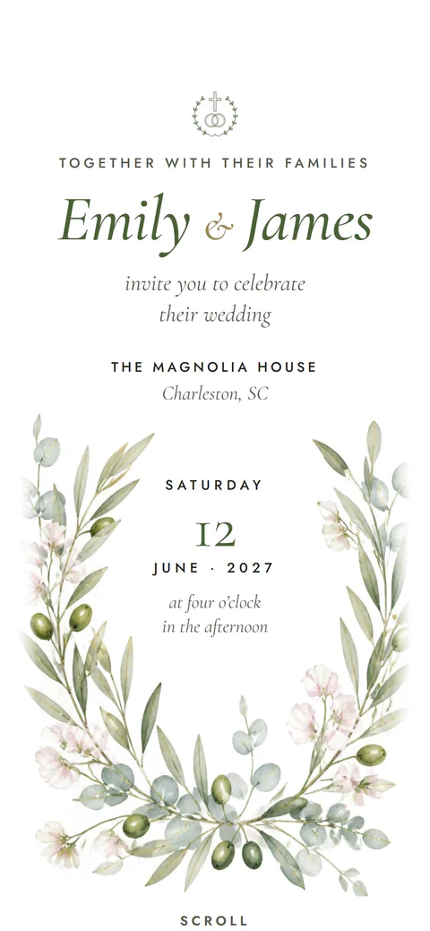 The Olive Grove design: a watercolor olive wreath around the couple’s names on linen