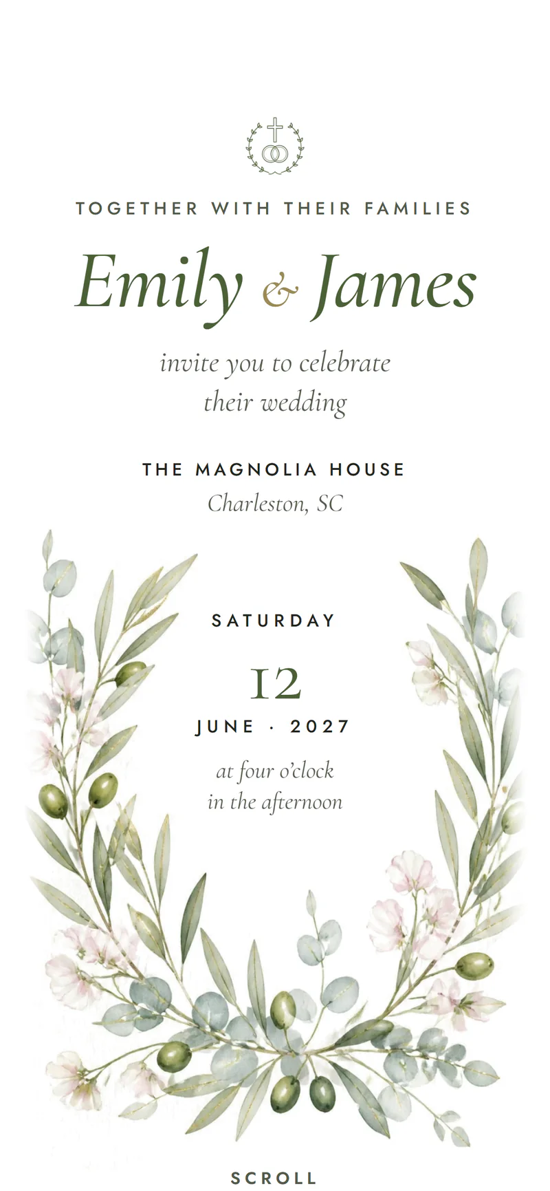 The Olive Grove wedding invitation open on a phone, with a watercolor olive wreath and the couple's names