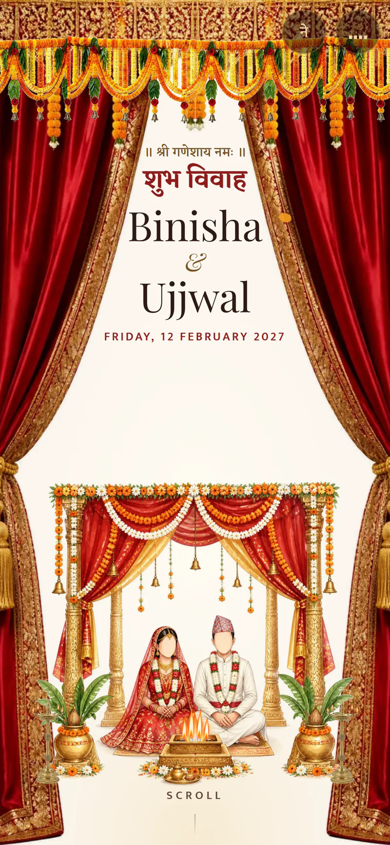 The Pardaa design: red and gold velvet curtains around a marigold mandap