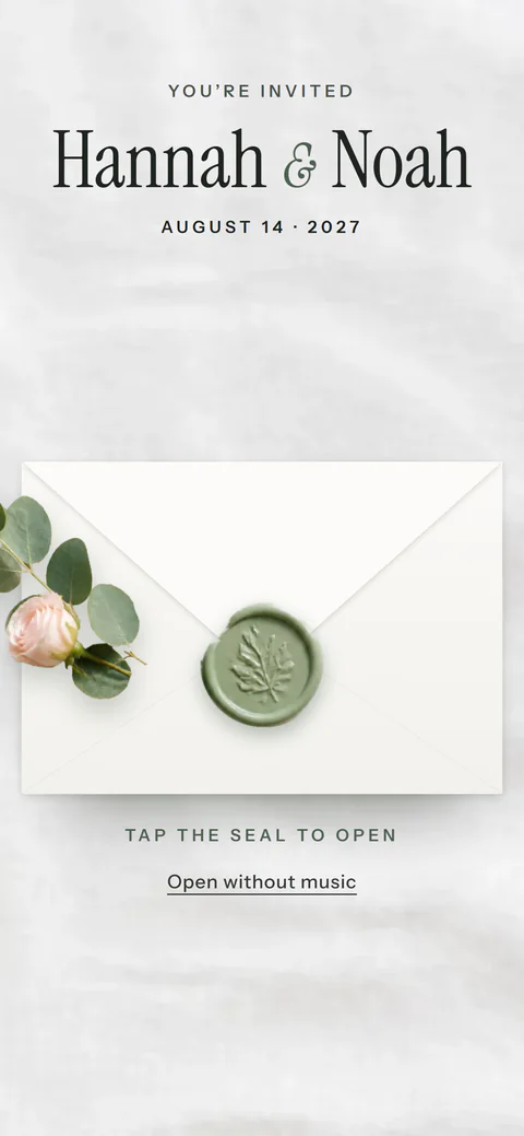 The Wax Seal design: a white envelope closed with a sage wax seal