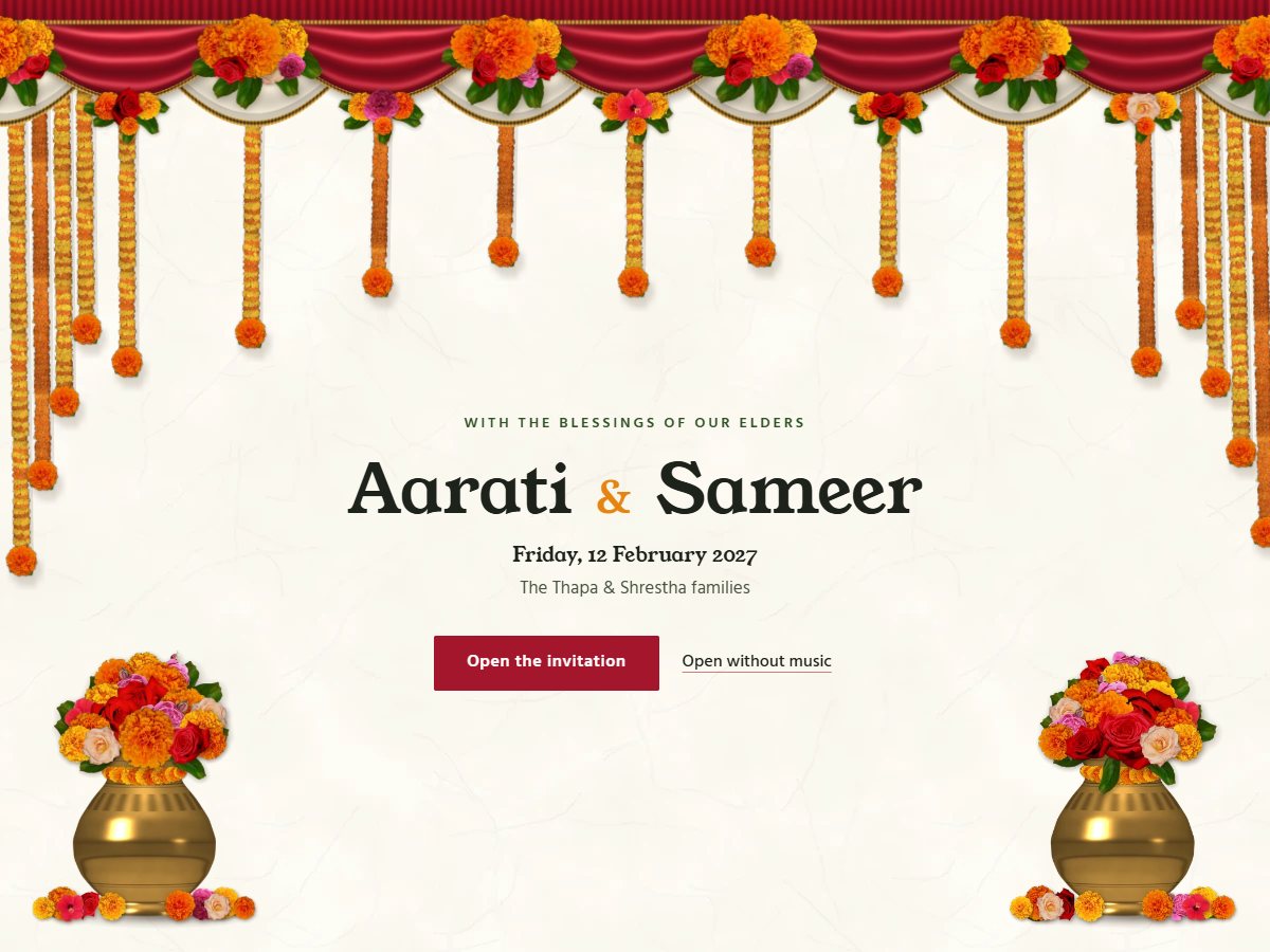 Mala theme: red silk drapes with marigold rosettes and brass kalash
