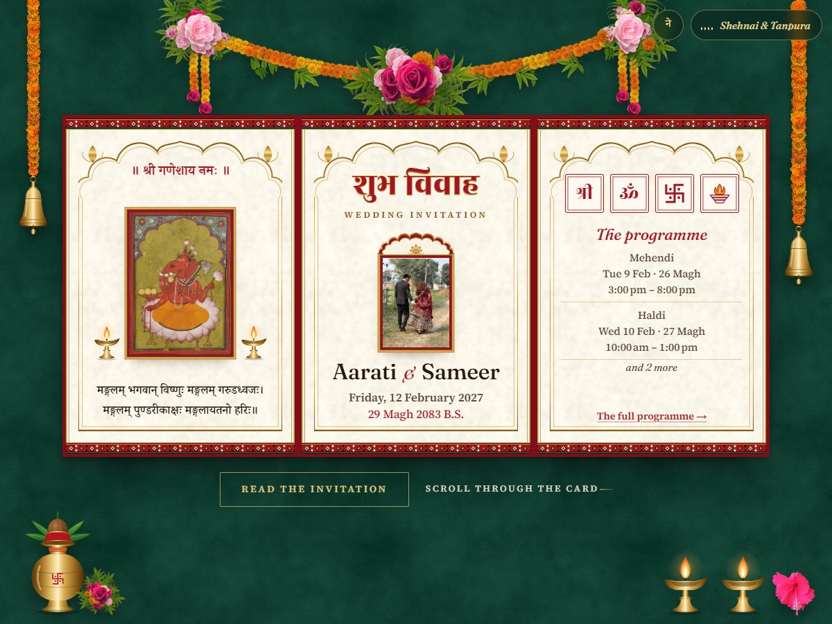 Nimantrana theme: a red and gold tri-fold wedding card with Ganesh, the couple and the programme