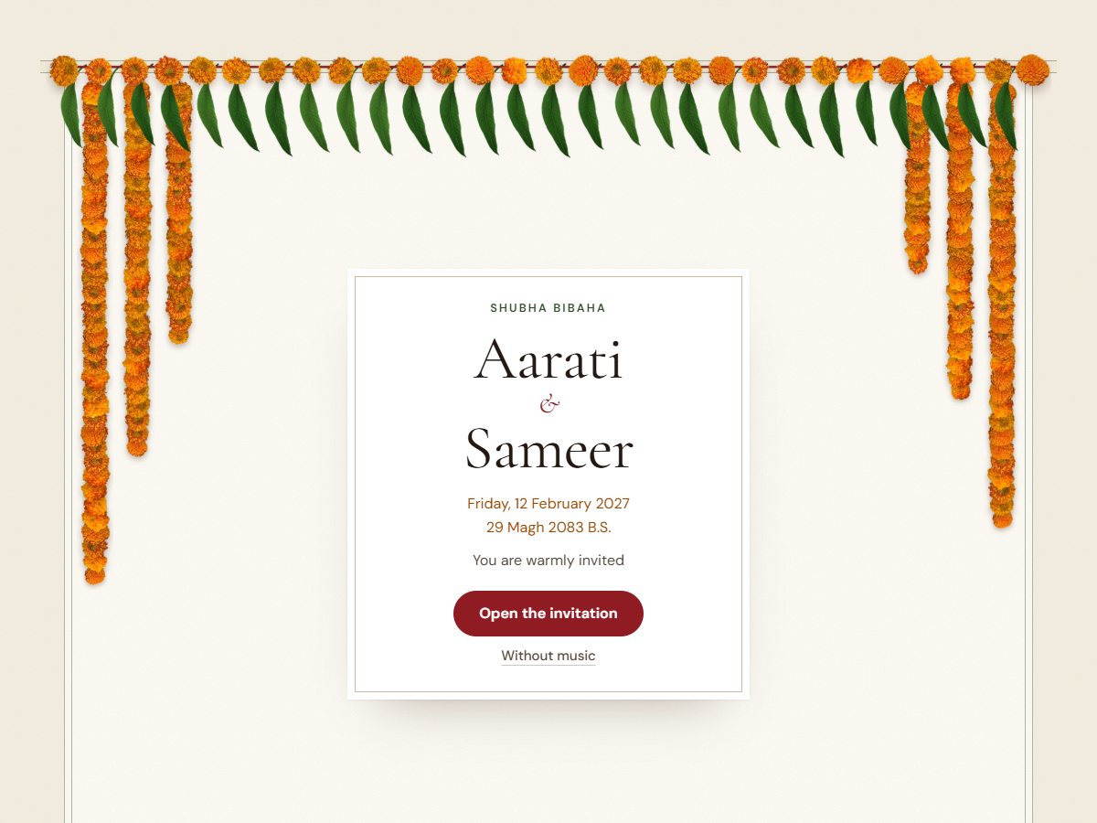 Sayapatri theme: a doorway hung with marigold strings and mango leaves
